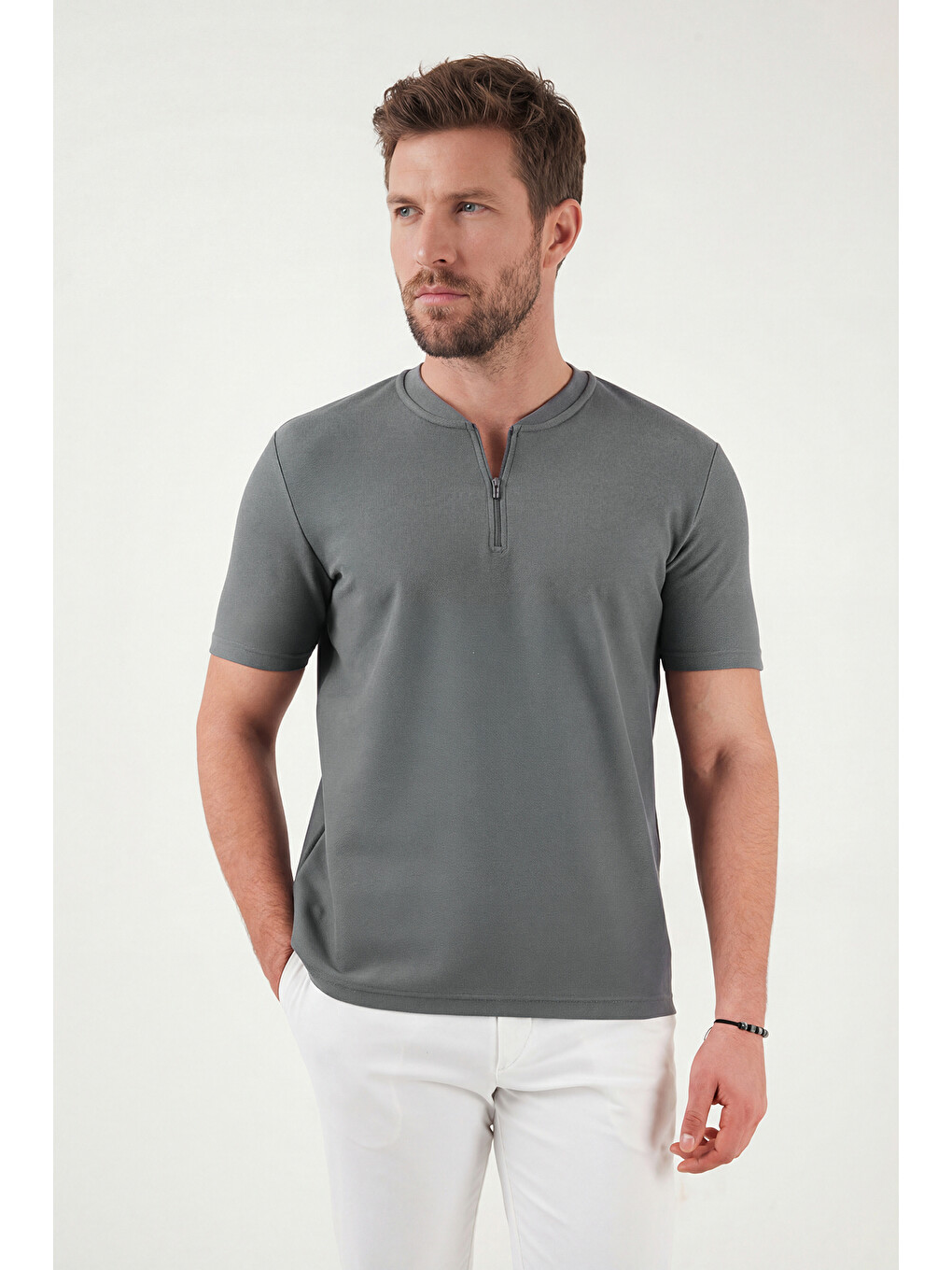 Haki Pamuklu Regular Fit Yarım Fermuarlı Erkek Tişört 5902653-4