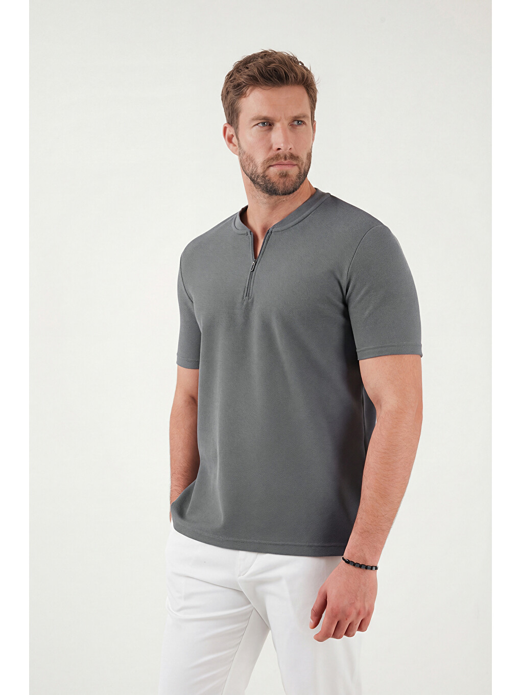 Haki Pamuklu Regular Fit Yarım Fermuarlı Erkek Tişört 5902653-5