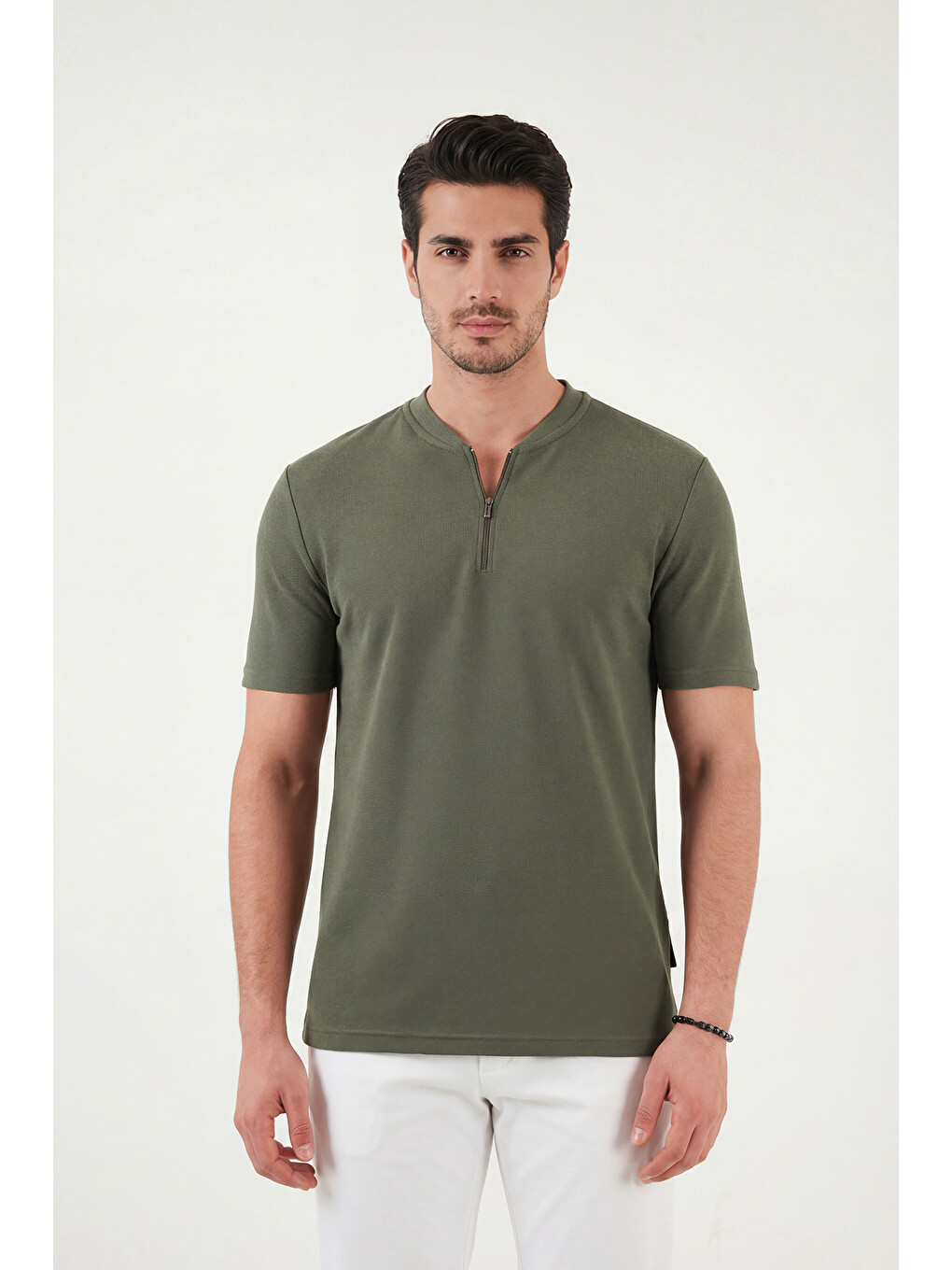 Haki Pamuklu Regular Fit Yarım Fermuarlı %100 Pamuk Tişört 5902653-3
