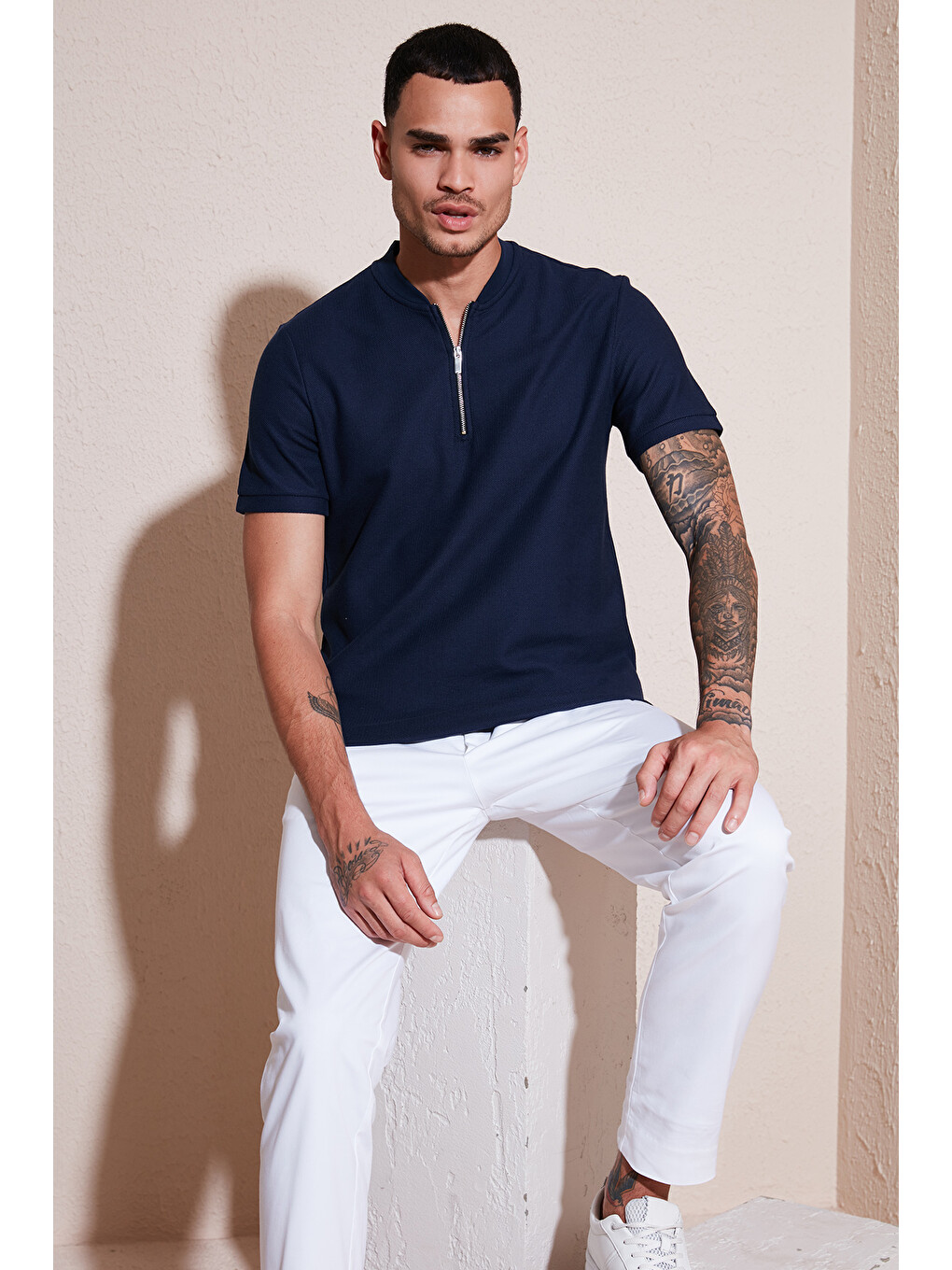 Lacivert Pamuklu Regular Fit Yarım Fermuarlı Erkek Tişört 5902653-1