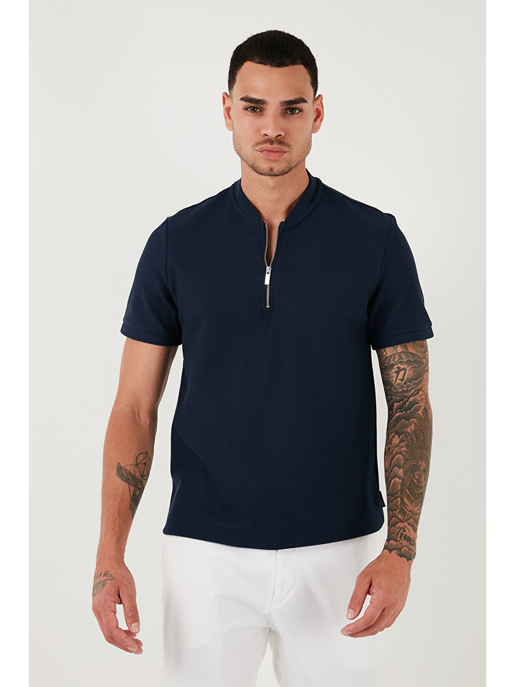 Lacivert Pamuklu Regular Fit Yarım Fermuarlı Erkek Tişört 5902653-2