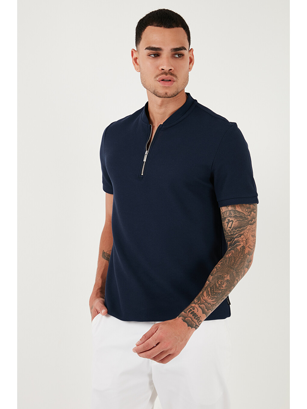 Lacivert Pamuklu Regular Fit Yarım Fermuarlı Erkek Tişört 5902653-3