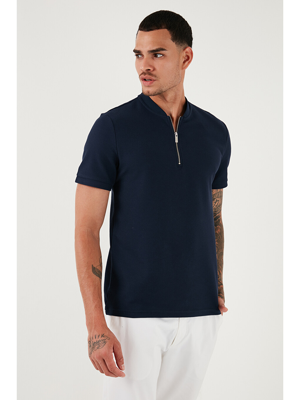 Lacivert Pamuklu Regular Fit Yarım Fermuarlı Erkek Tişört 5902653-4