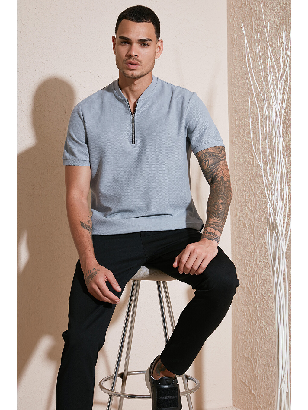 Gri Pamuklu Regular Fit Yarım Fermuarlı Erkek Tişört 5902653-1