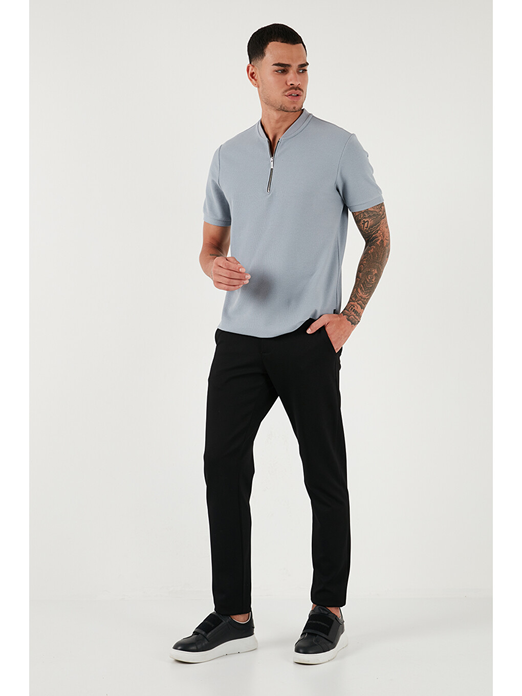Gri Pamuklu Regular Fit Yarım Fermuarlı Erkek Tişört 5902653-2
