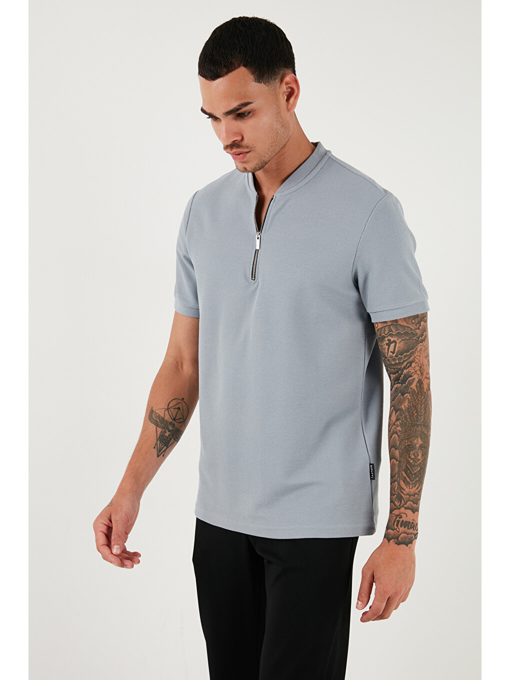 Gri Pamuklu Regular Fit Yarım Fermuarlı Erkek Tişört 5902653-3