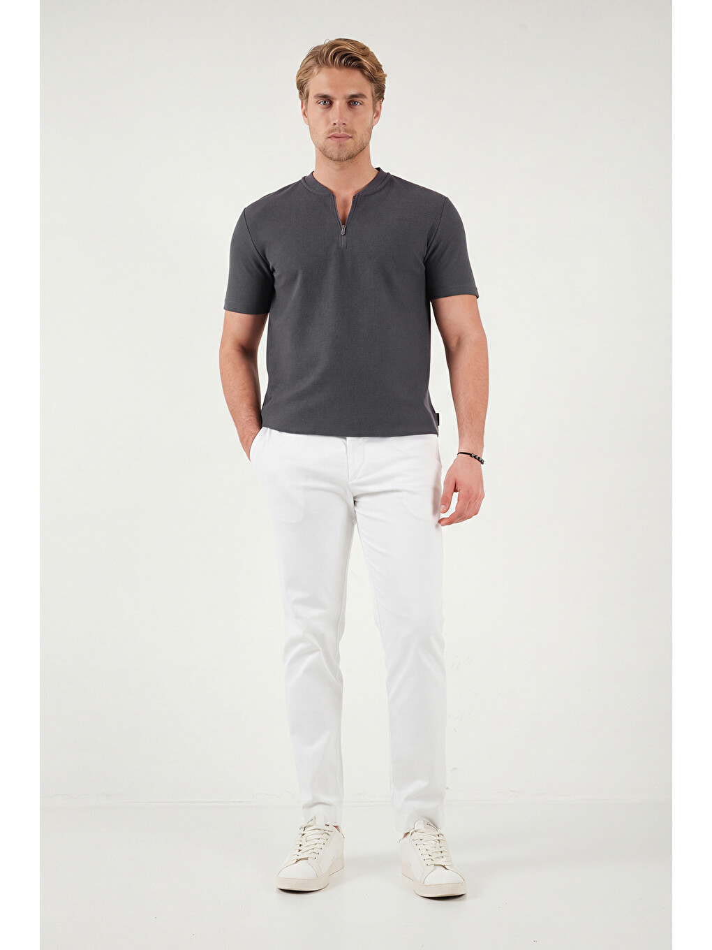 Antrasit Pamuklu Regular Fit Yarım Fermuarlı Erkek Tişört 5902653-1
