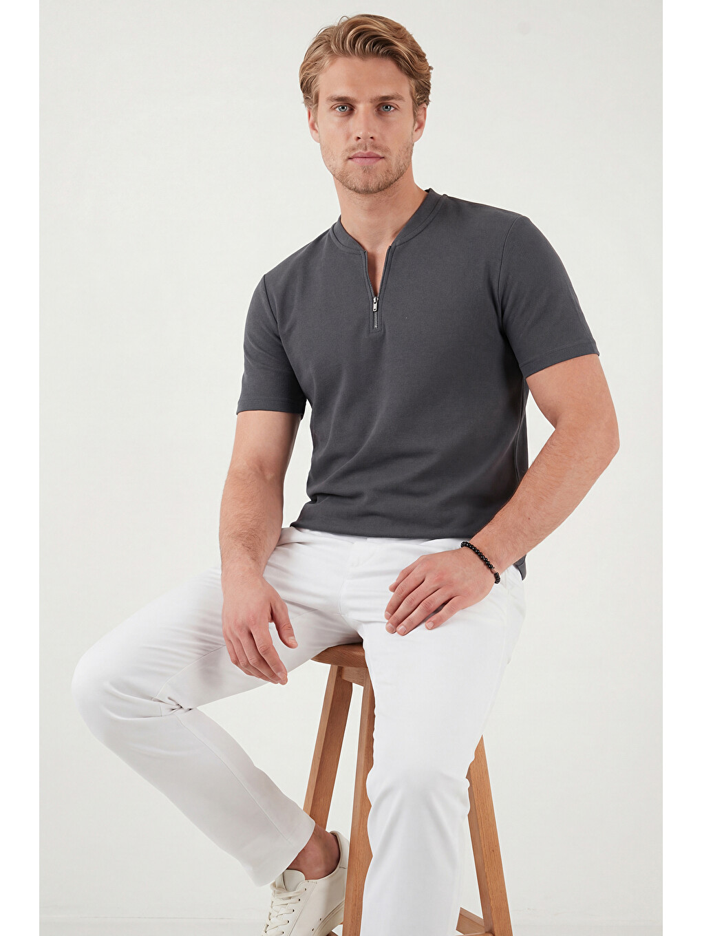 Antrasit Pamuklu Regular Fit Yarım Fermuarlı Erkek Tişört 5902653-2
