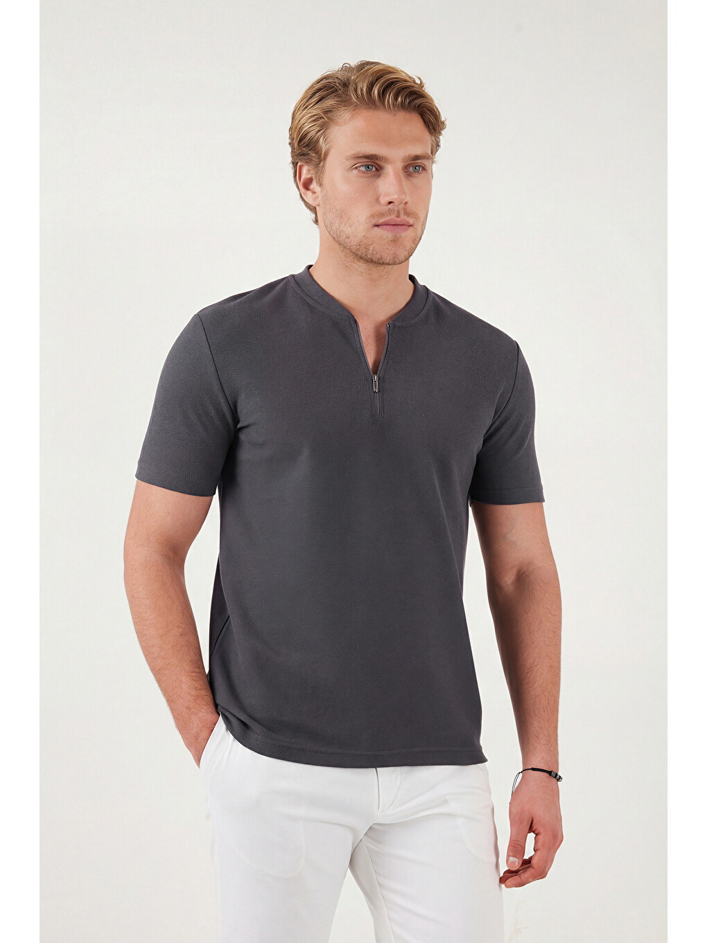 Antrasit Pamuklu Regular Fit Yarım Fermuarlı Erkek Tişört 5902653-3