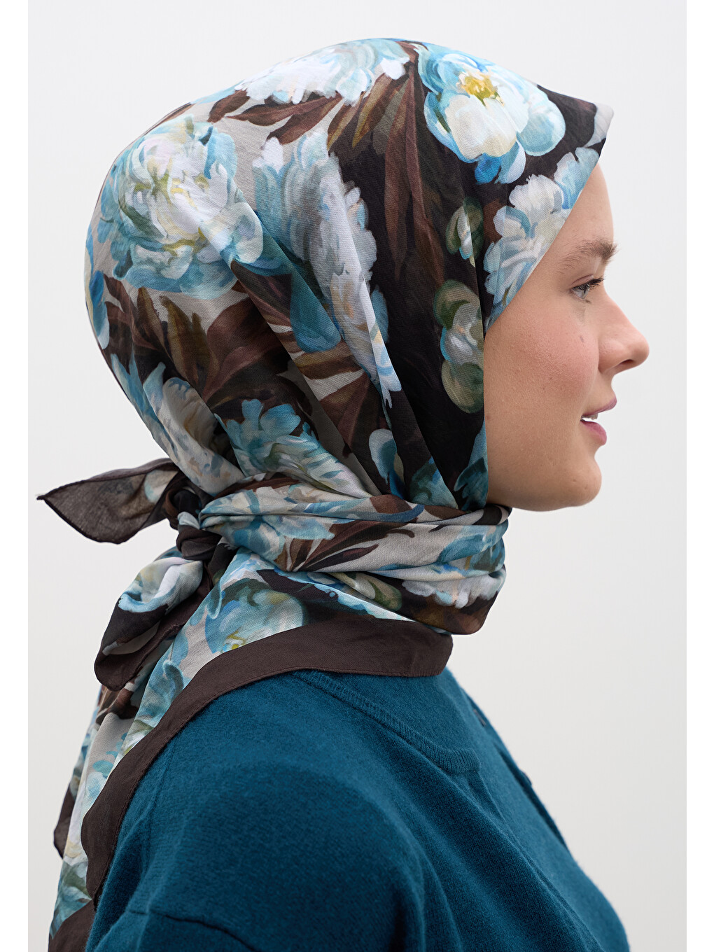 Kahverengi Lotus Desen Pamuklu Viskon Eşarp Acı Kahve-3