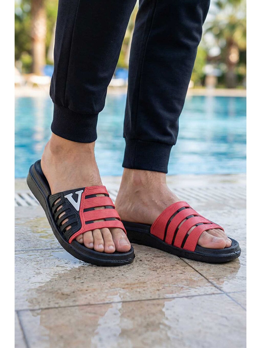 Kırmızı Erkek Yazlık Eva Islak Zemine Uygun Günlük Ev Bahçe Havuz Banyo Terlik