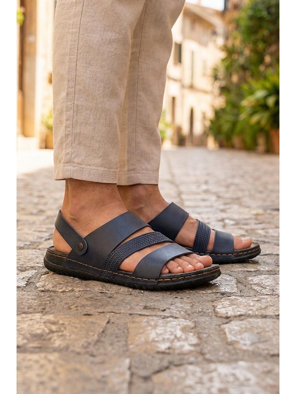 Lacivert Yazlık Erkek Suni Deri Rahat Taban Sandalet Terlik