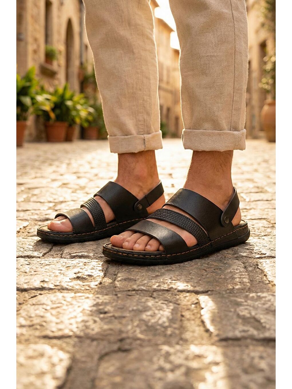 Siyah Yazlık Erkek Suni Deri Rahat Taban Sandalet Terlik