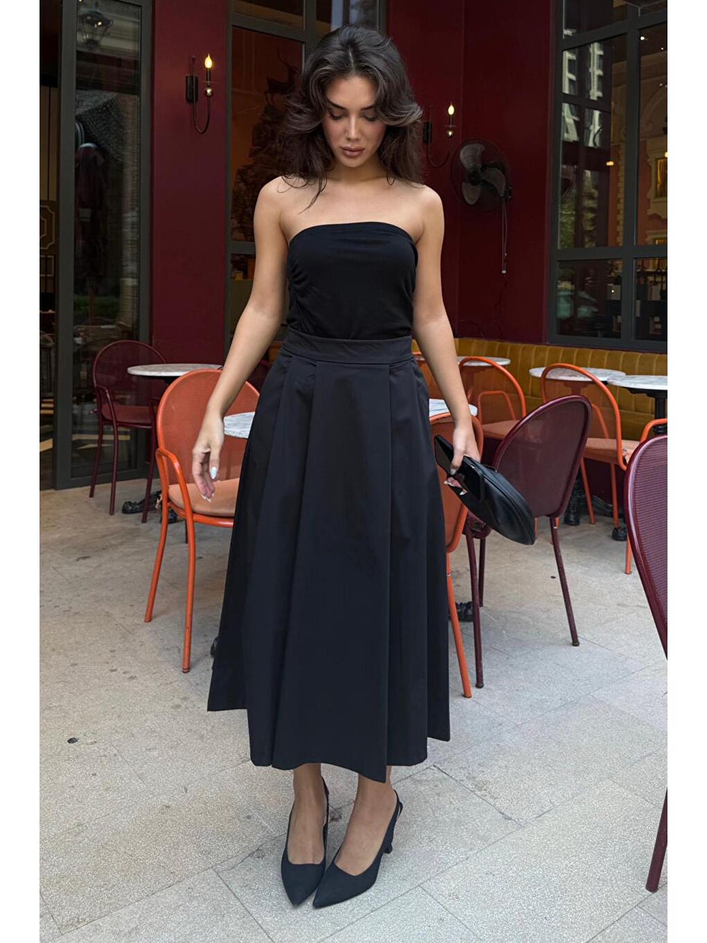 Siyah Pileli Cepli Kadın Midi Boy Etek Mg2536-3