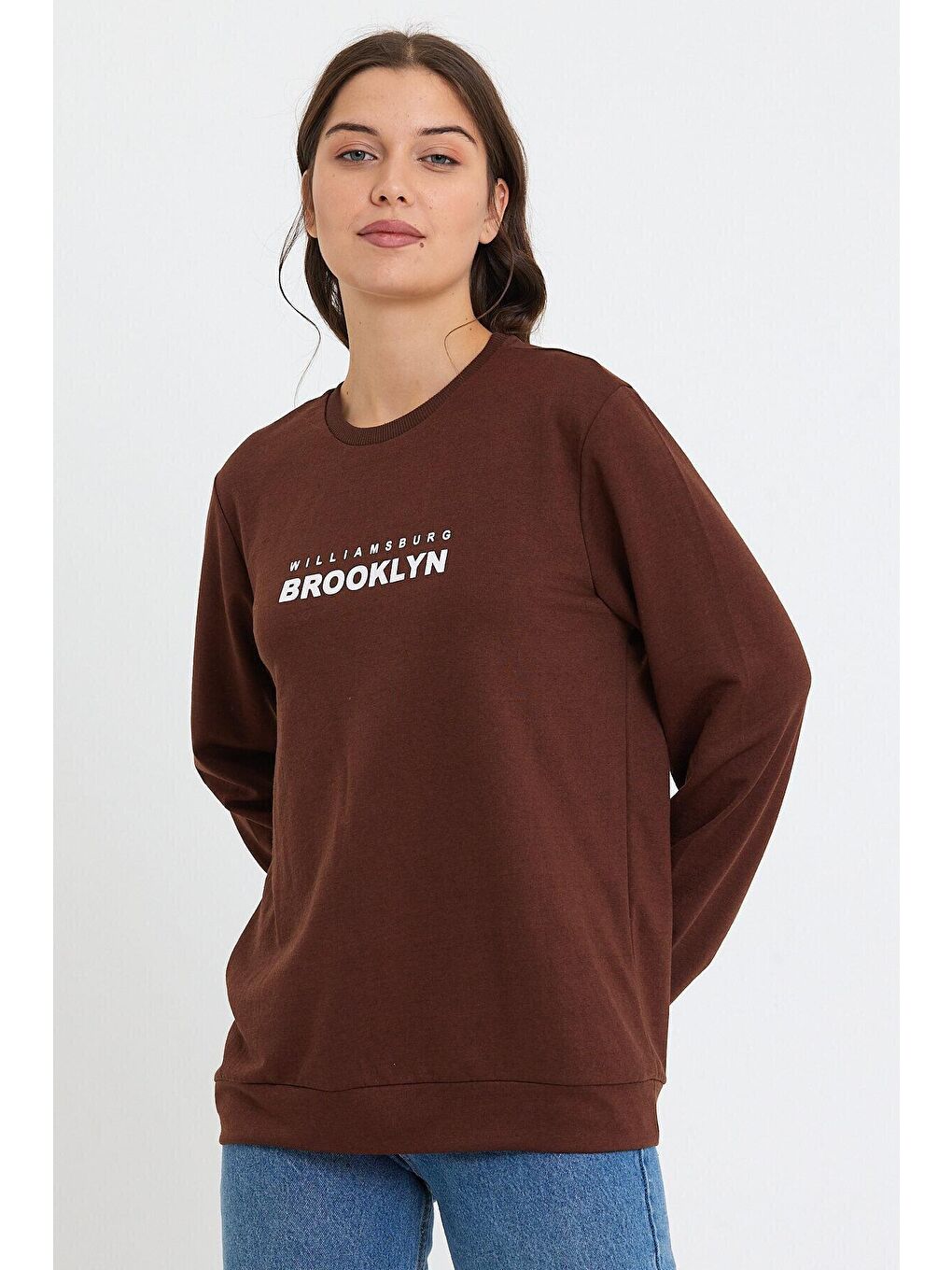 Süperlife Kahverengi Kadın Bisiklet Yaka Oversize Fit Brooklyn Baskılı İnce Sweatshirt SPR23SWK330 - 2