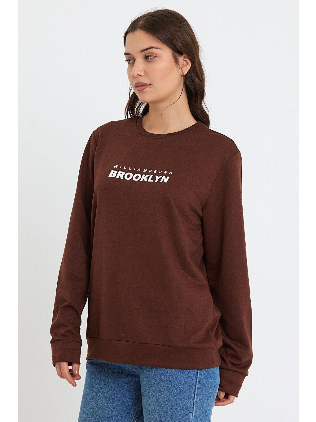 Süperlife Kahverengi Kadın Bisiklet Yaka Oversize Fit Brooklyn Baskılı İnce Sweatshirt SPR23SWK330 - 4