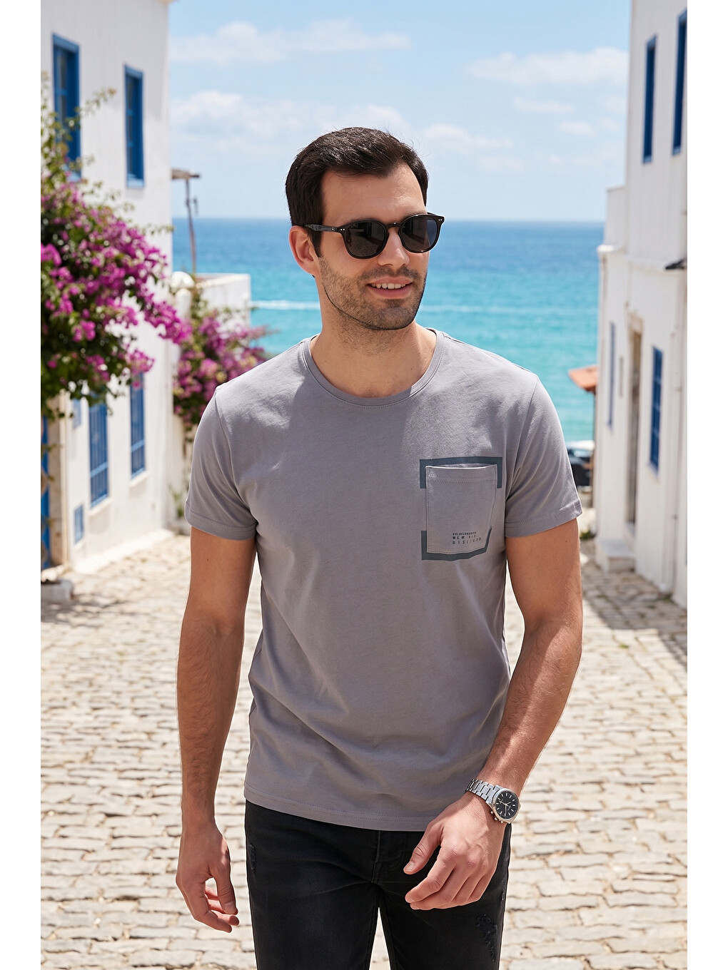 Gri Bisiklet Yaka %100 Pamuklu Slim Fit Erkek Tişört 541rework