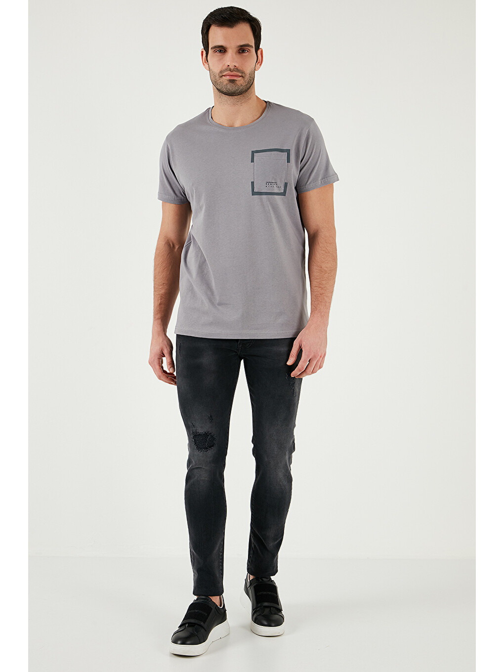 Gri Bisiklet Yaka %100 Pamuklu Slim Fit Erkek Tişört 541rework-1