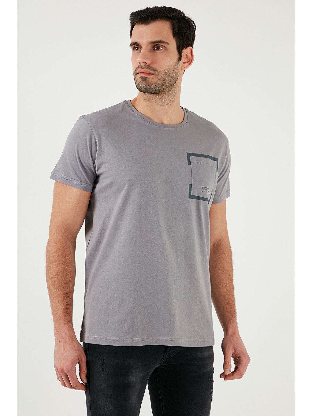 Gri Bisiklet Yaka %100 Pamuklu Slim Fit Erkek Tişört 541rework-2