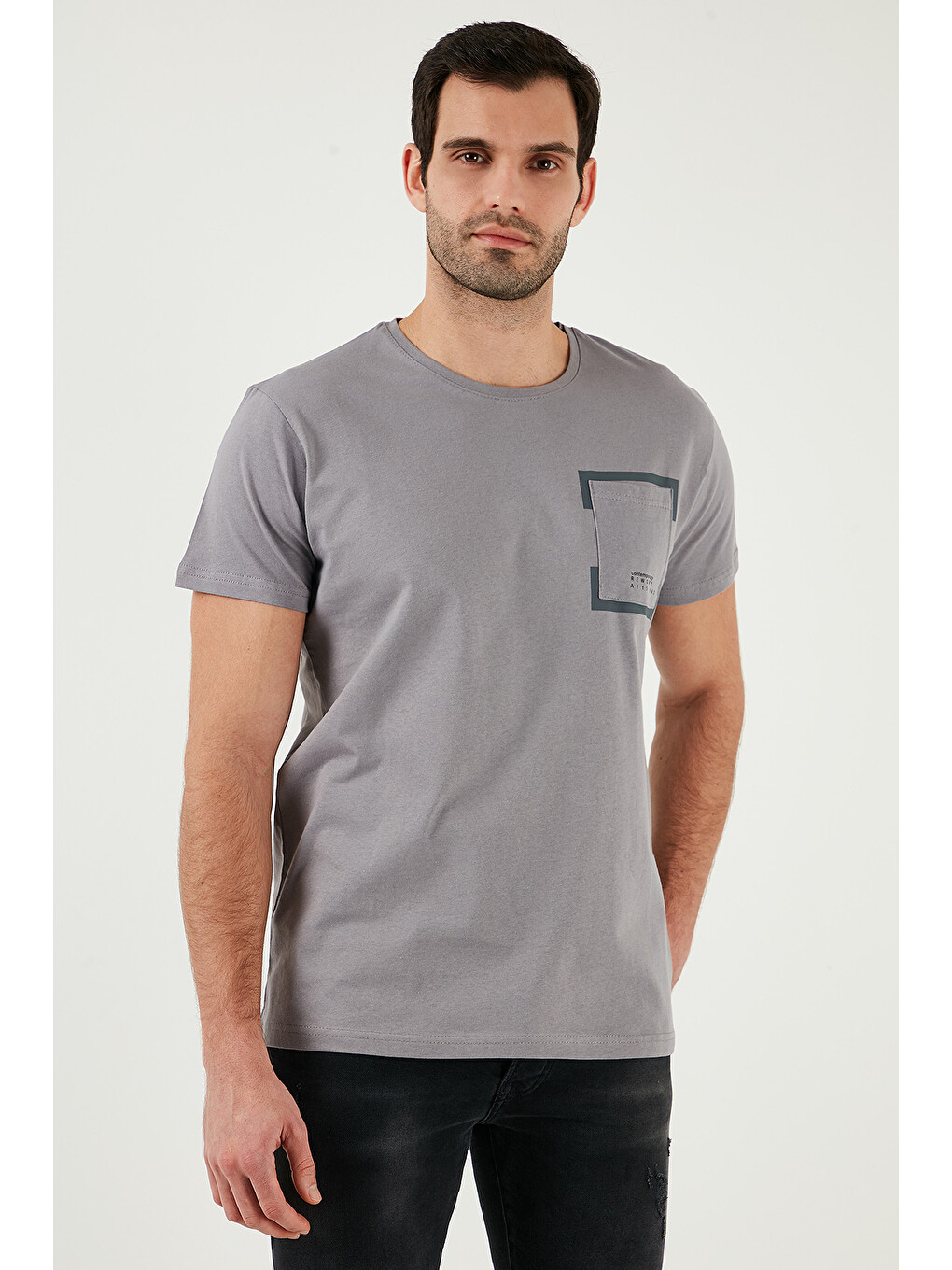 Gri Bisiklet Yaka %100 Pamuklu Slim Fit Erkek Tişört 541rework-3