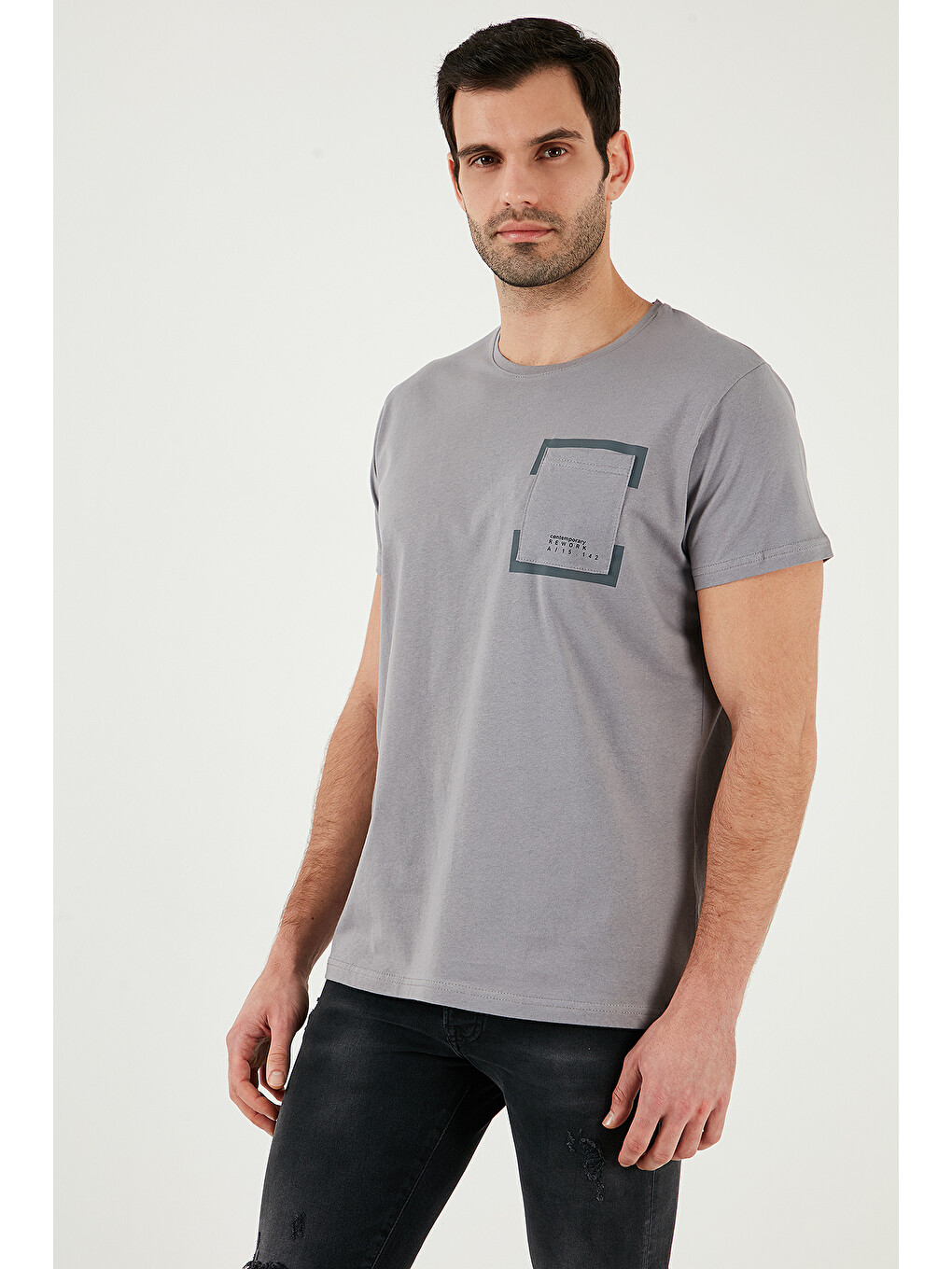Gri Bisiklet Yaka %100 Pamuklu Slim Fit Erkek Tişört 541rework-4