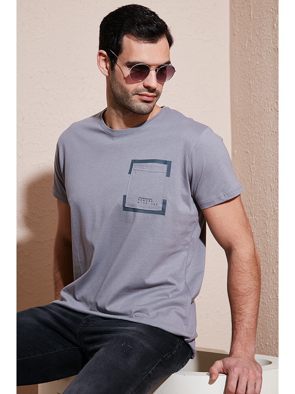 Gri Bisiklet Yaka %100 Pamuklu Slim Fit Erkek Tişört 541rework-5
