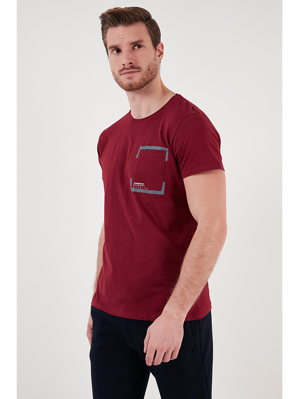 Bordo Bisiklet Yaka %100 Pamuklu Slim Fit Tişört 541rework-1