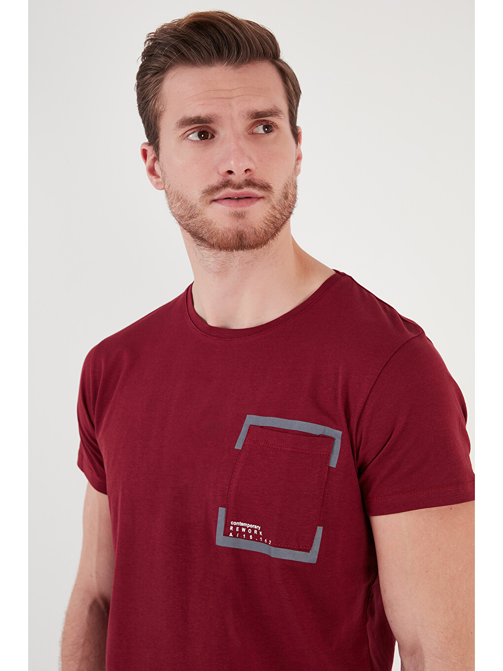Bordo Bisiklet Yaka %100 Pamuklu Slim Fit Tişört 541rework-3