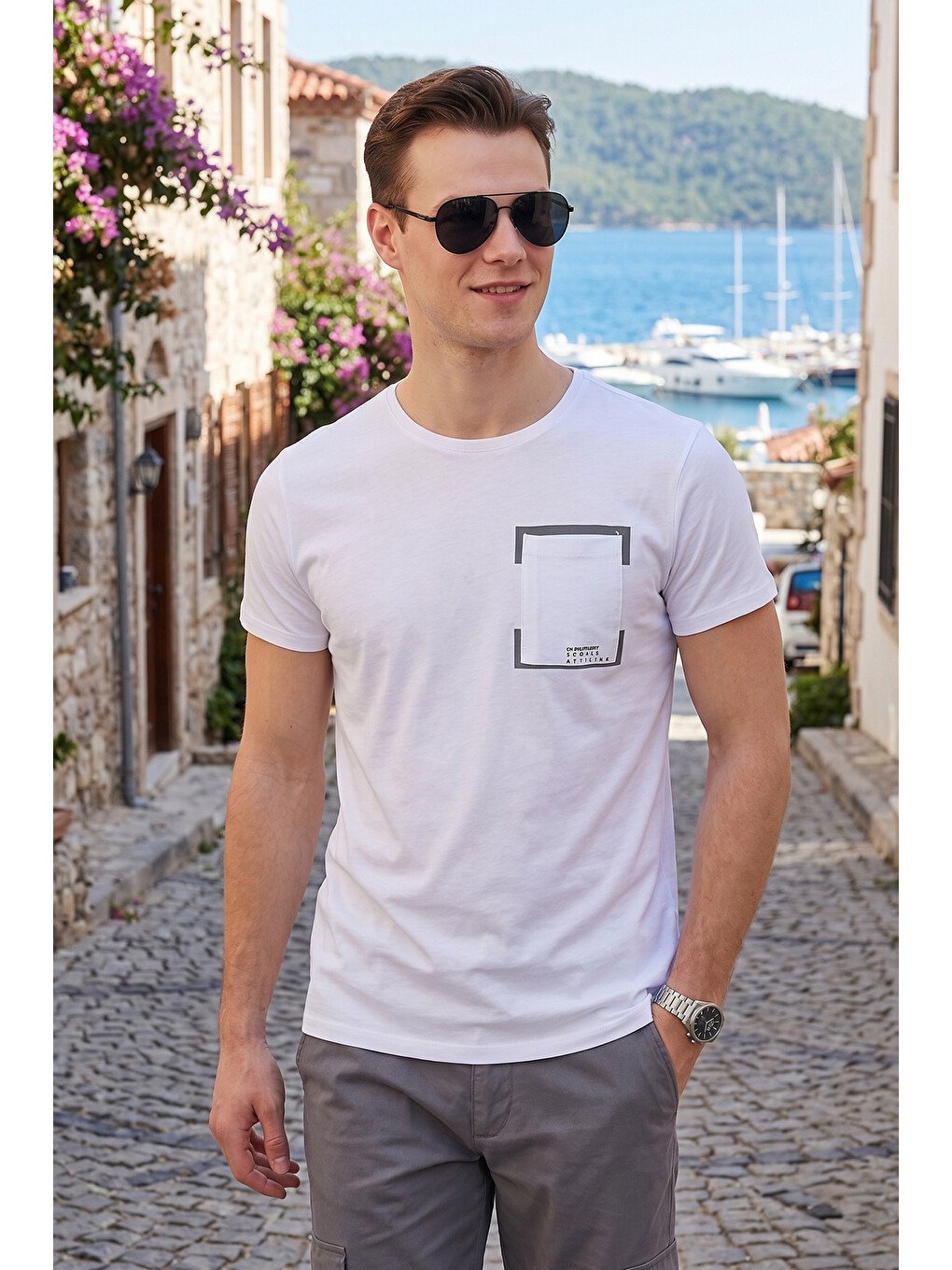 Beyaz Bisiklet Yaka %100 Pamuklu Slim Fit Tişört 541rework