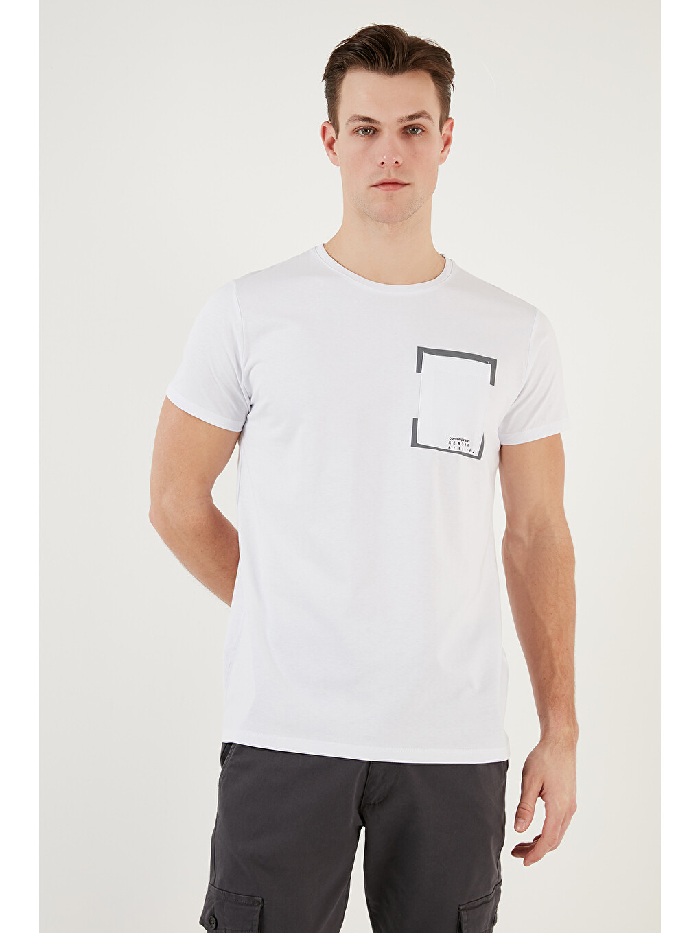 Beyaz Bisiklet Yaka %100 Pamuklu Slim Fit Tişört 541rework-4