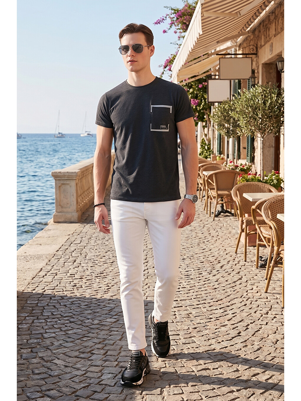 Siyah Bisiklet Yaka %100 Pamuklu Slim Fit Tişört 541rework