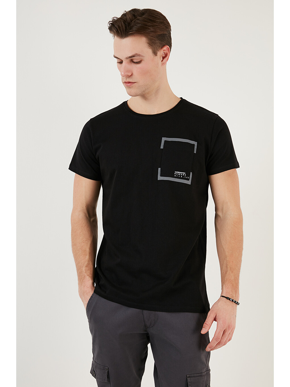 Siyah Bisiklet Yaka %100 Pamuklu Slim Fit Tişört 541rework-1