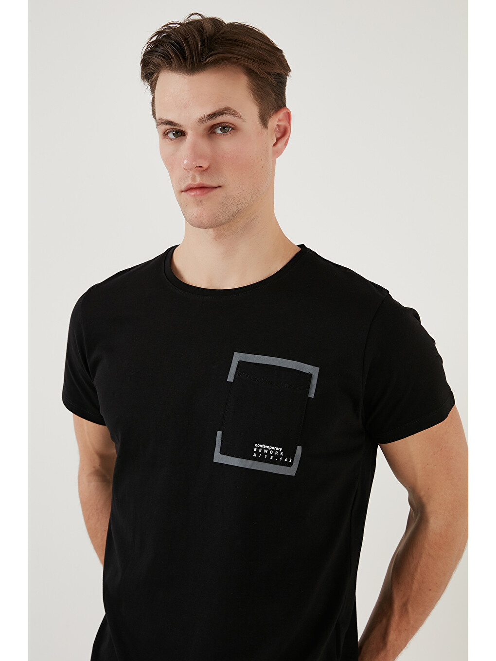 Siyah Bisiklet Yaka %100 Pamuklu Slim Fit Tişört 541rework-3