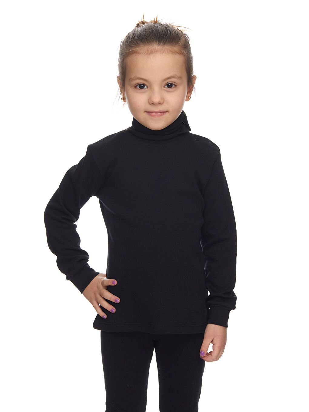 Siyah Kız Çocuk Tam Balıkçı Uzun Kol Çıtçıtlı Tişört