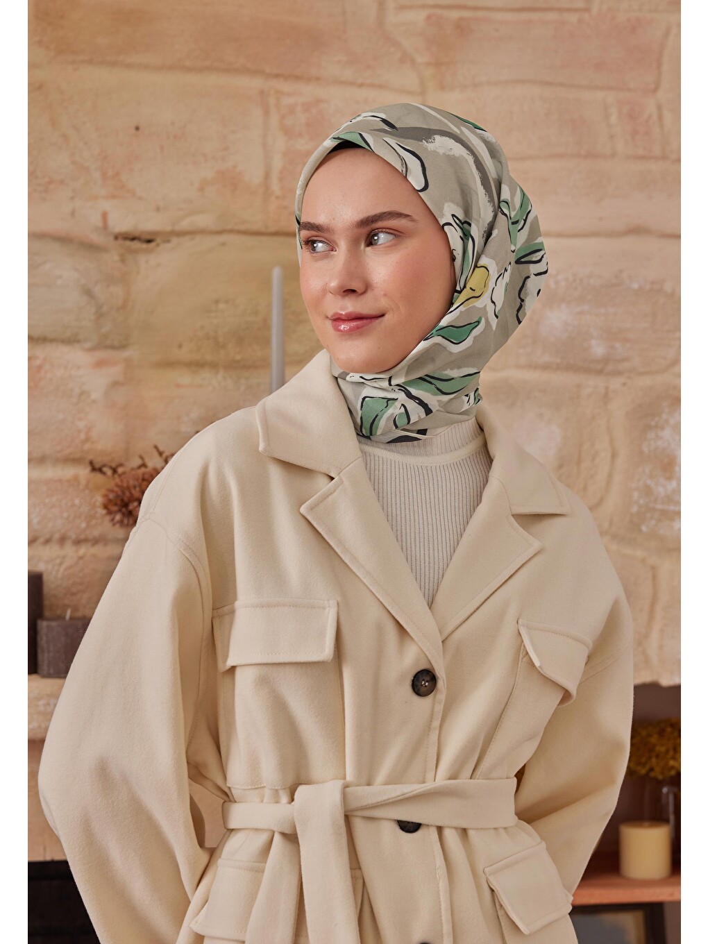 Aspen Desen Pamuk İpek Eşarp Naturel Bej-3