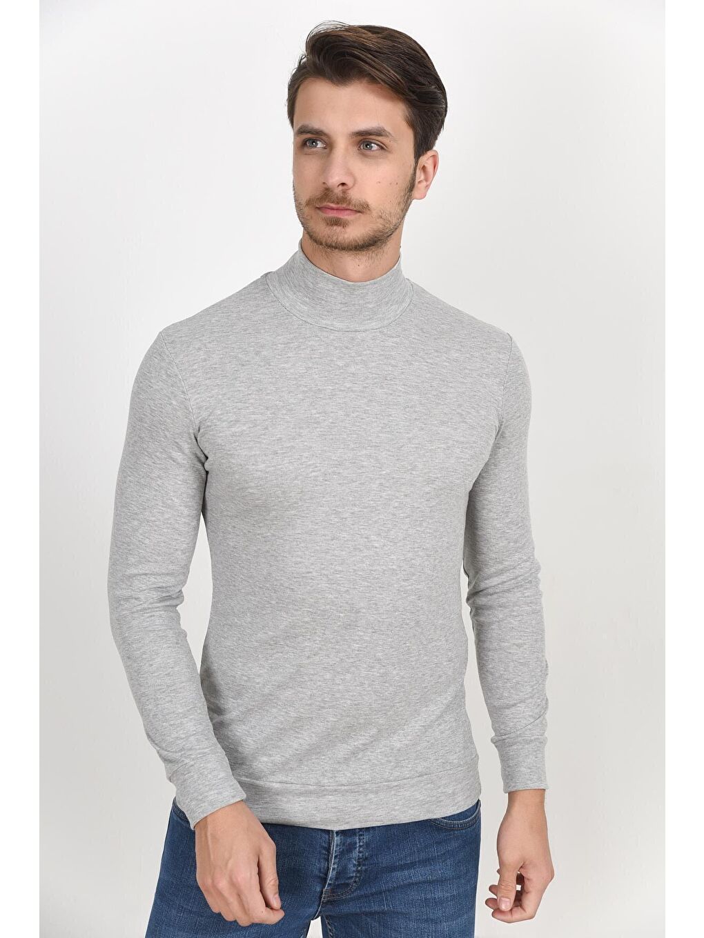 Gri Yarım Balıkcı Uzun Kollu Dar Kalıp İnce Erkek Sweatshirt SPR 2019K20