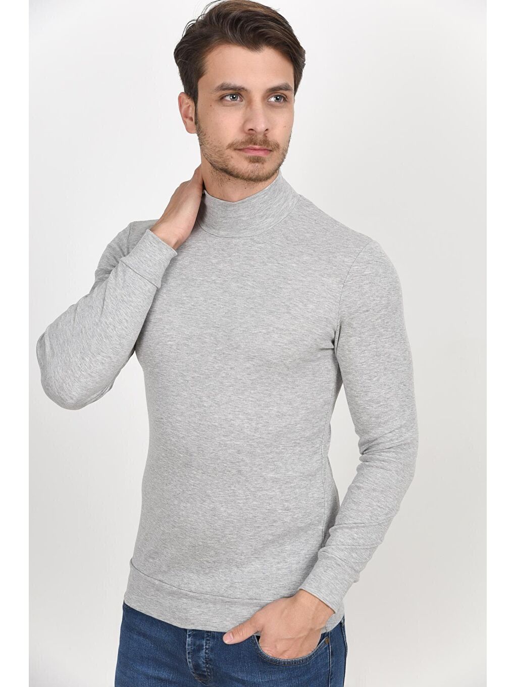 Gri Yarım Balıkcı Uzun Kollu Dar Kalıp İnce Erkek Sweatshirt SPR 2019K20-1