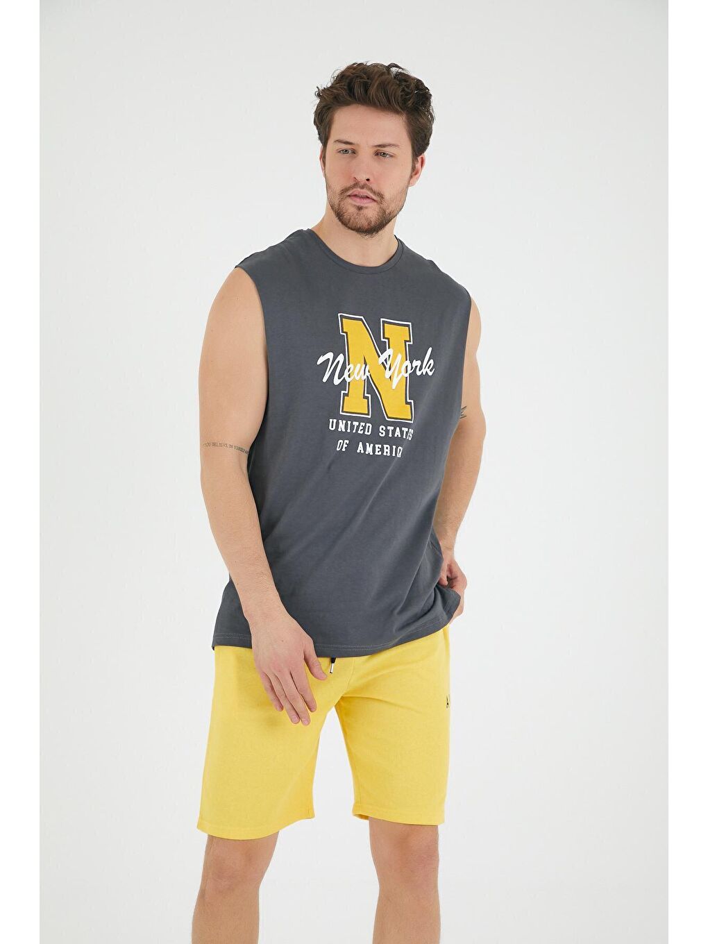 Antrasit Erkek Bisiklet Yaka Regular Fit N Baskılı Kolsuz Tişört SPR22TS117-1