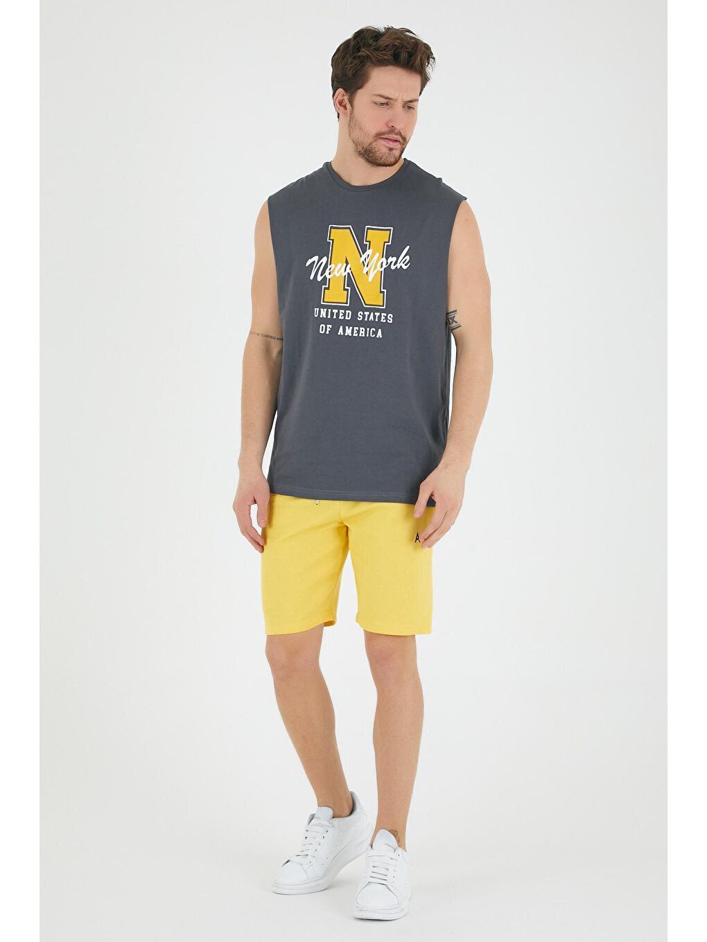 Antrasit Erkek Bisiklet Yaka Regular Fit N Baskılı Kolsuz Tişört SPR22TS117-2