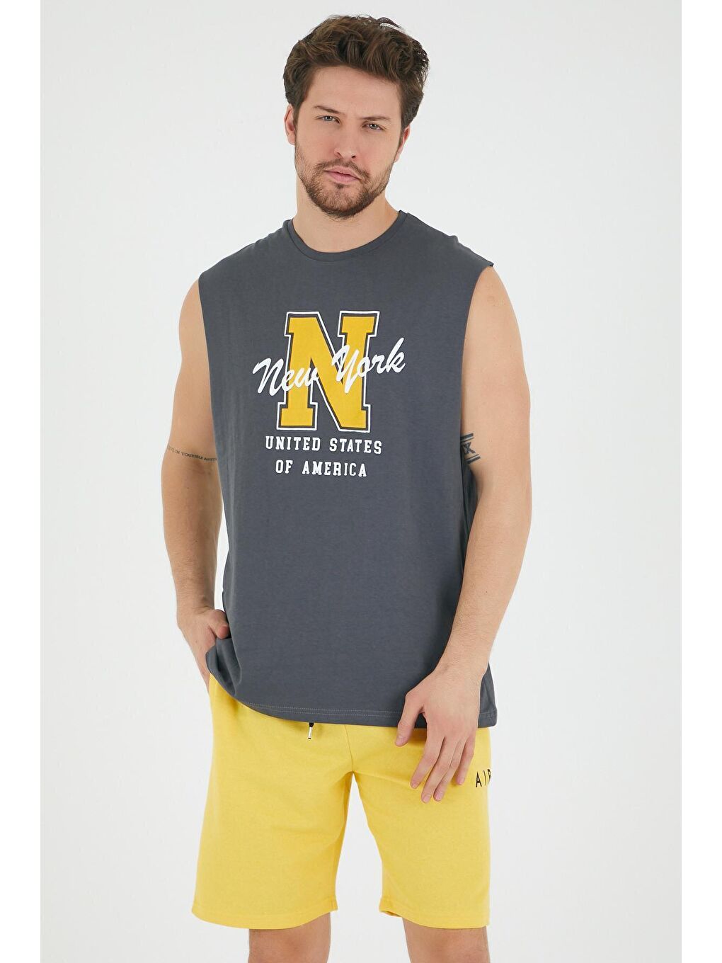 Antrasit Erkek Bisiklet Yaka Regular Fit N Baskılı Kolsuz Tişört SPR22TS117-3