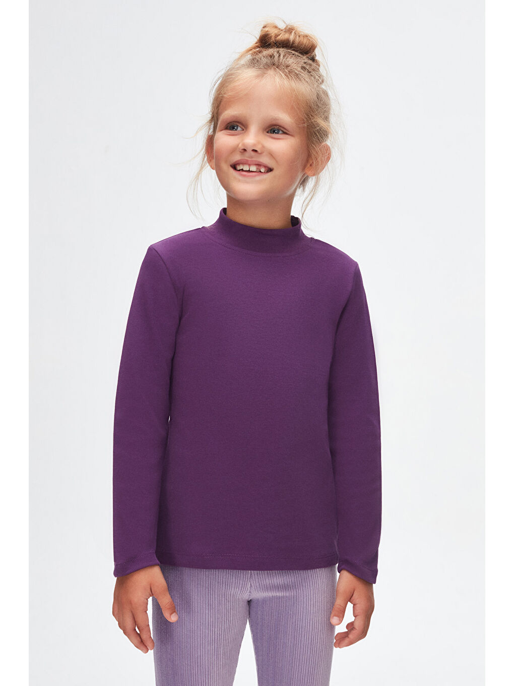 Mor Kız Çocuk Yarım Balıkçı Uzun Kol Tişört-1