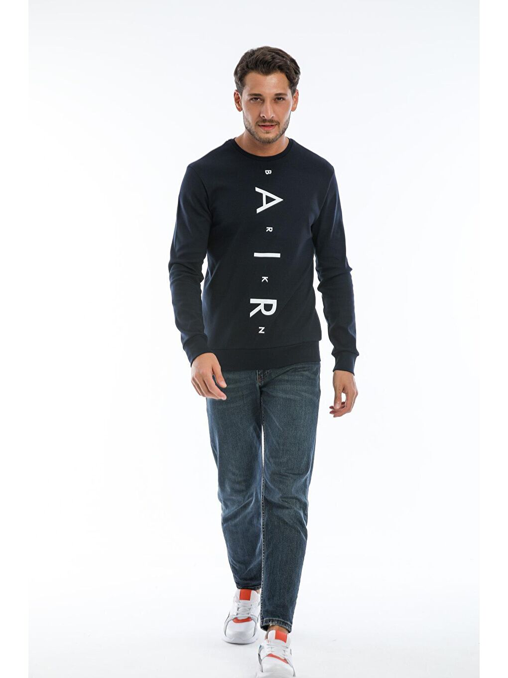Siyah Erkek Bisiklet Yaka Slim fit Air Baskılı İnce Sweatshirt SPR22sw101-1