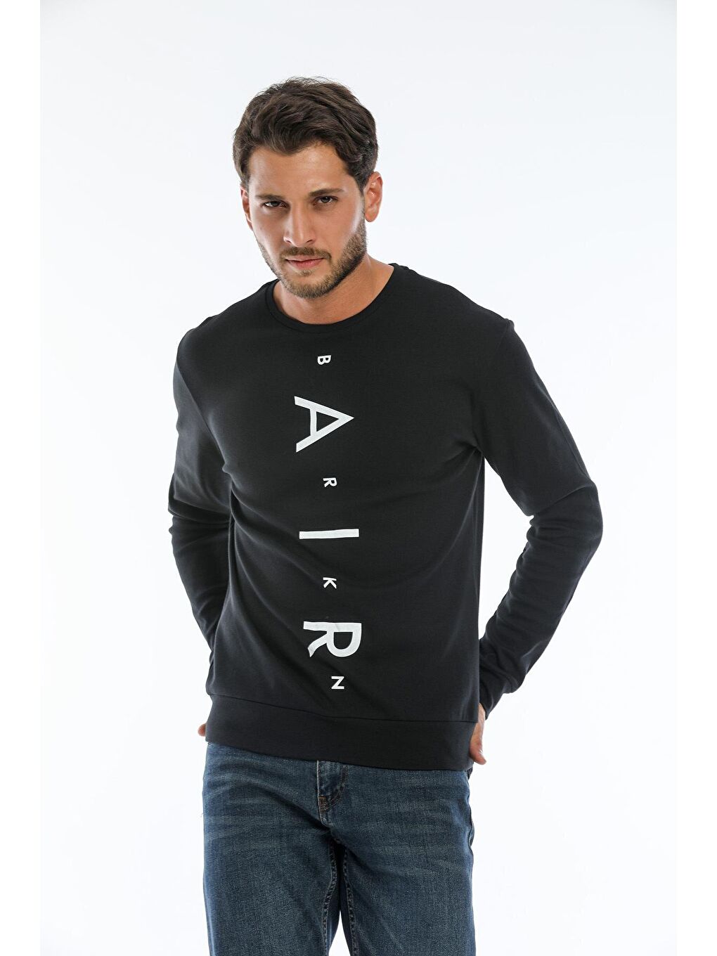 Siyah Erkek Bisiklet Yaka Slim fit Air Baskılı İnce Sweatshirt SPR22sw101-2