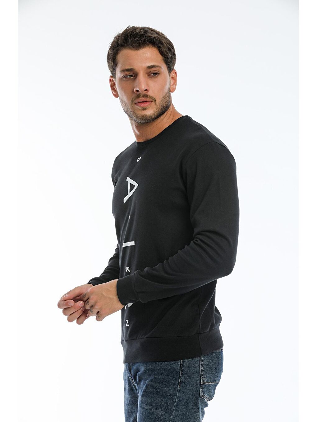 Siyah Erkek Bisiklet Yaka Slim fit Air Baskılı İnce Sweatshirt SPR22sw101-3