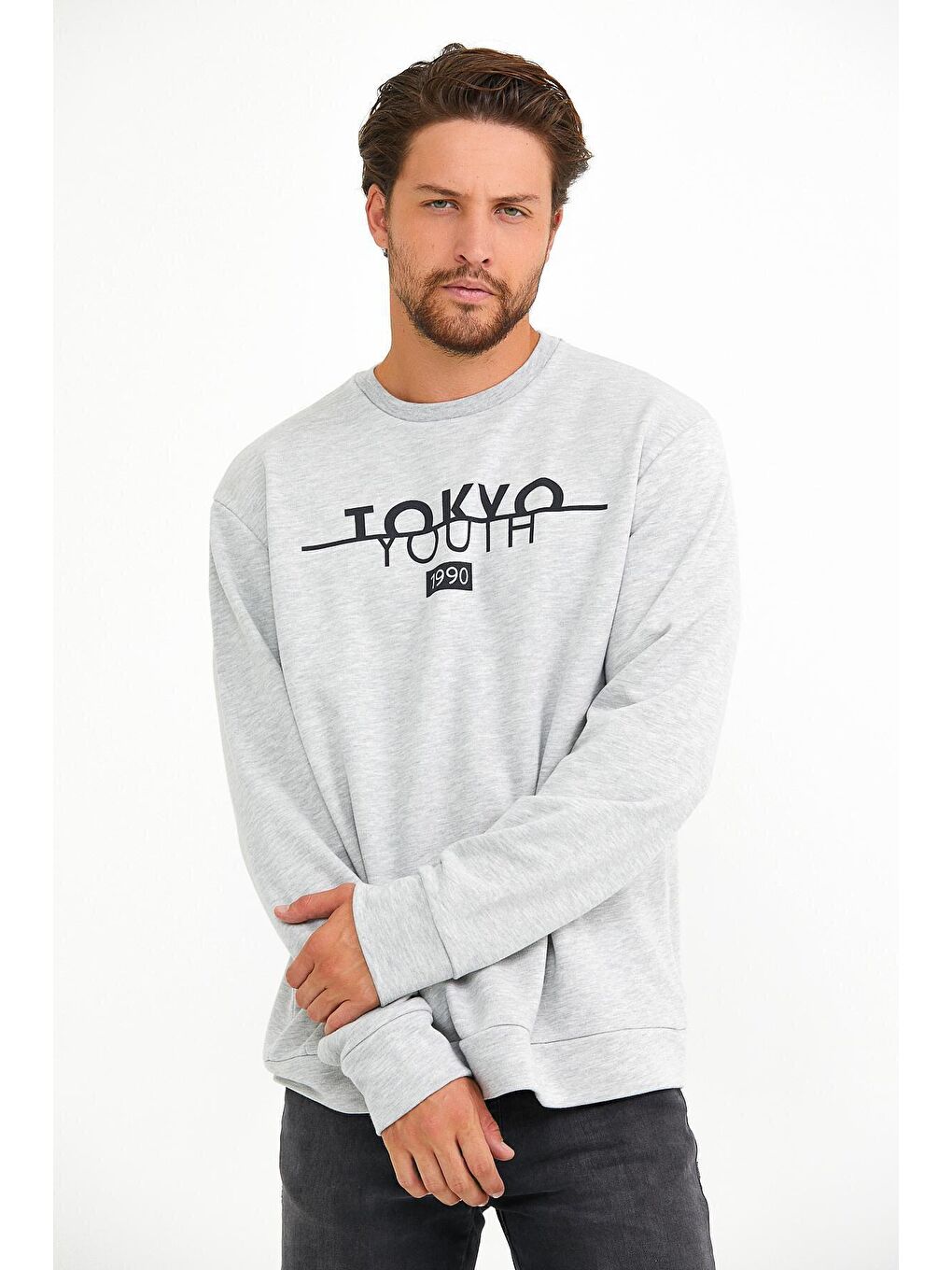 Gri Erkek Bisiklet Yaka Regular Fit Tokyo Baskılı İnce Sweatshirt spr22sw134