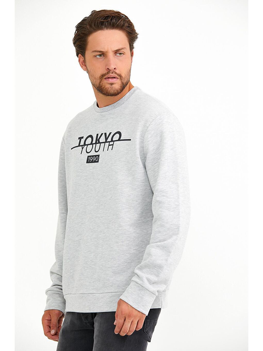 Gri Erkek Bisiklet Yaka Regular Fit Tokyo Baskılı İnce Sweatshirt spr22sw134-1