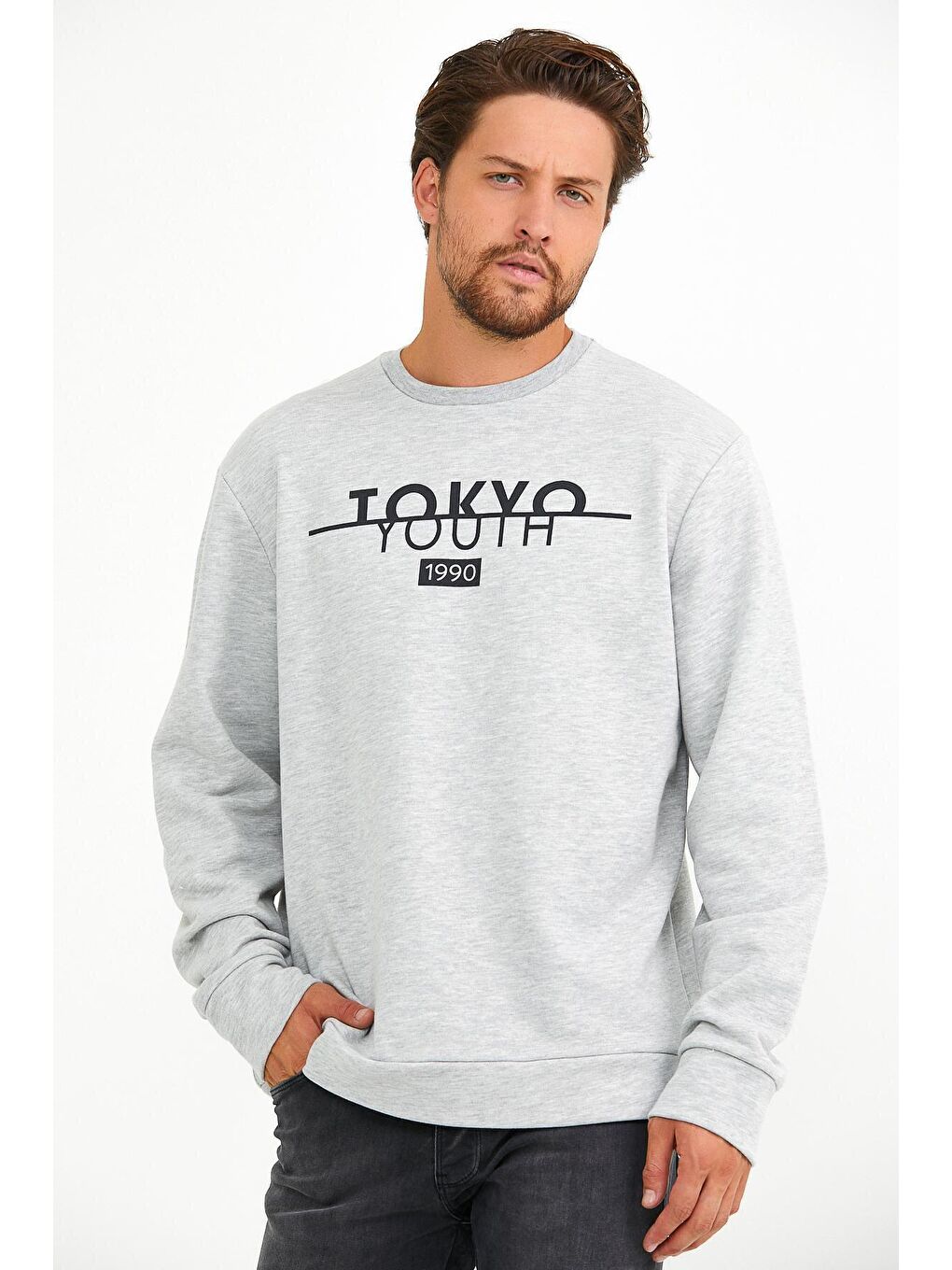 Gri Erkek Bisiklet Yaka Regular Fit Tokyo Baskılı İnce Sweatshirt spr22sw134-3