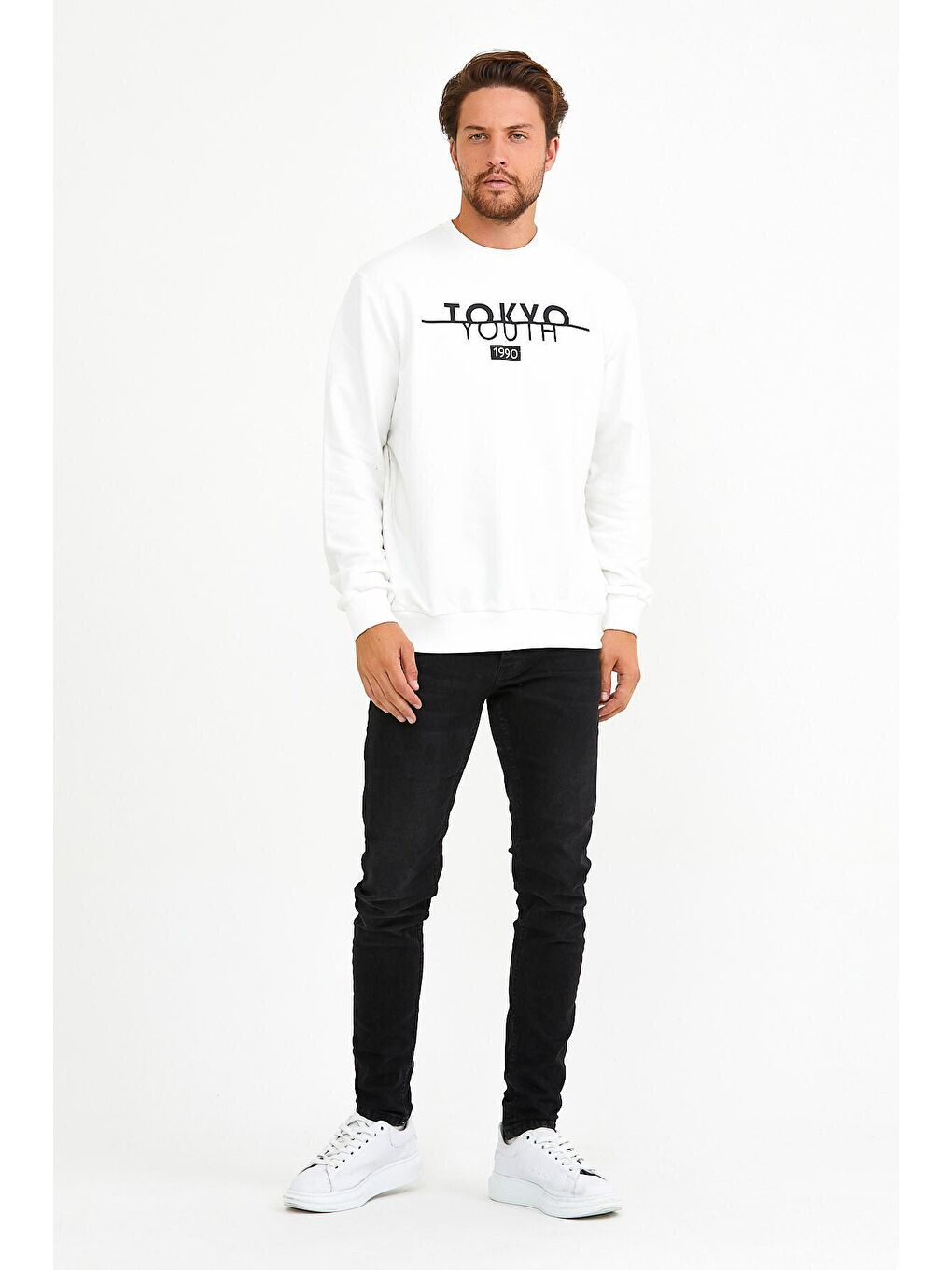 Ekru Erkek Bisiklet Yaka Regular Fit Tokyo Baskılı İnce Sweatshirt spr22sw134-1