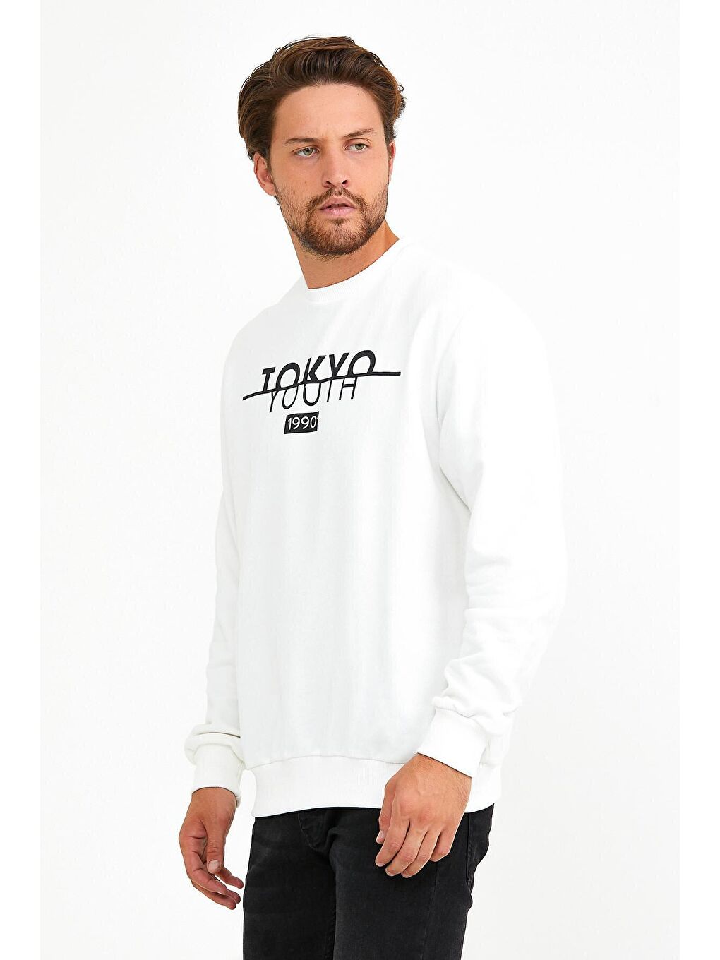 Ekru Erkek Bisiklet Yaka Regular Fit Tokyo Baskılı İnce Sweatshirt spr22sw134-2