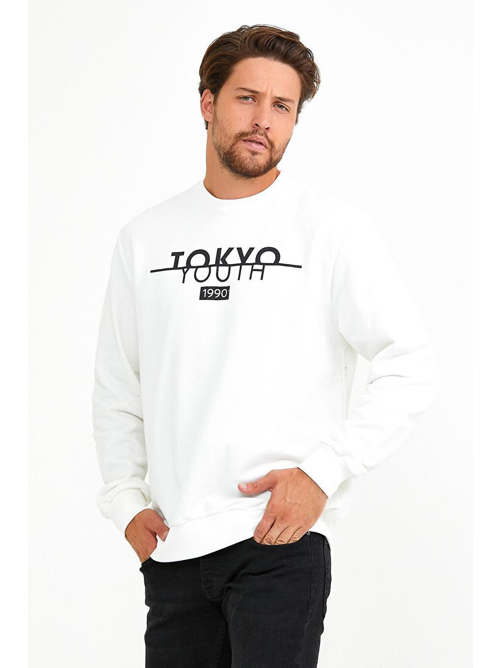 Ekru Erkek Bisiklet Yaka Regular Fit Tokyo Baskılı İnce Sweatshirt spr22sw134-3